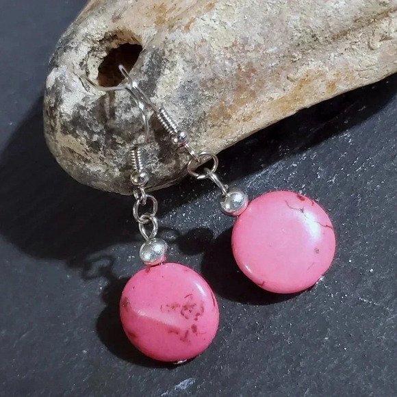 Handcrafted Silver and Pink Magnesite Gemstone Puffed Coin Dangle Earrings - Picture 1 of 7